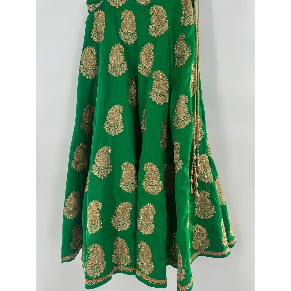 Indian Lehenga Maxi Emerald Green Gold Paisley Embroidered Flare Skirt Sz Small - Picture 8 of 8